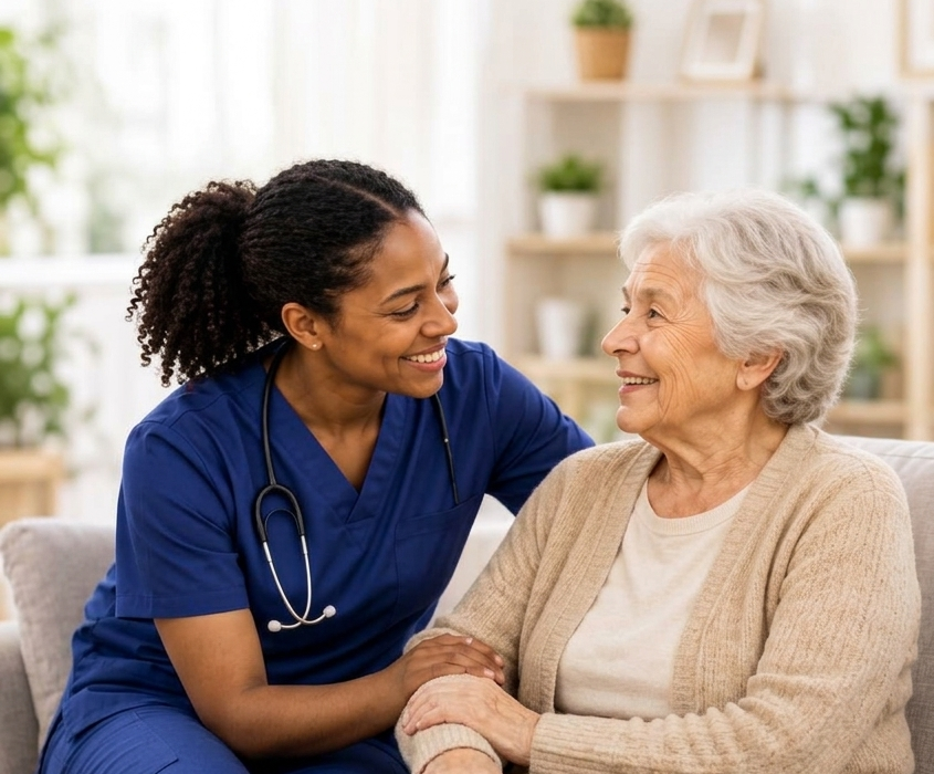 Professionnelle accompagnant une personne âgée à domicile